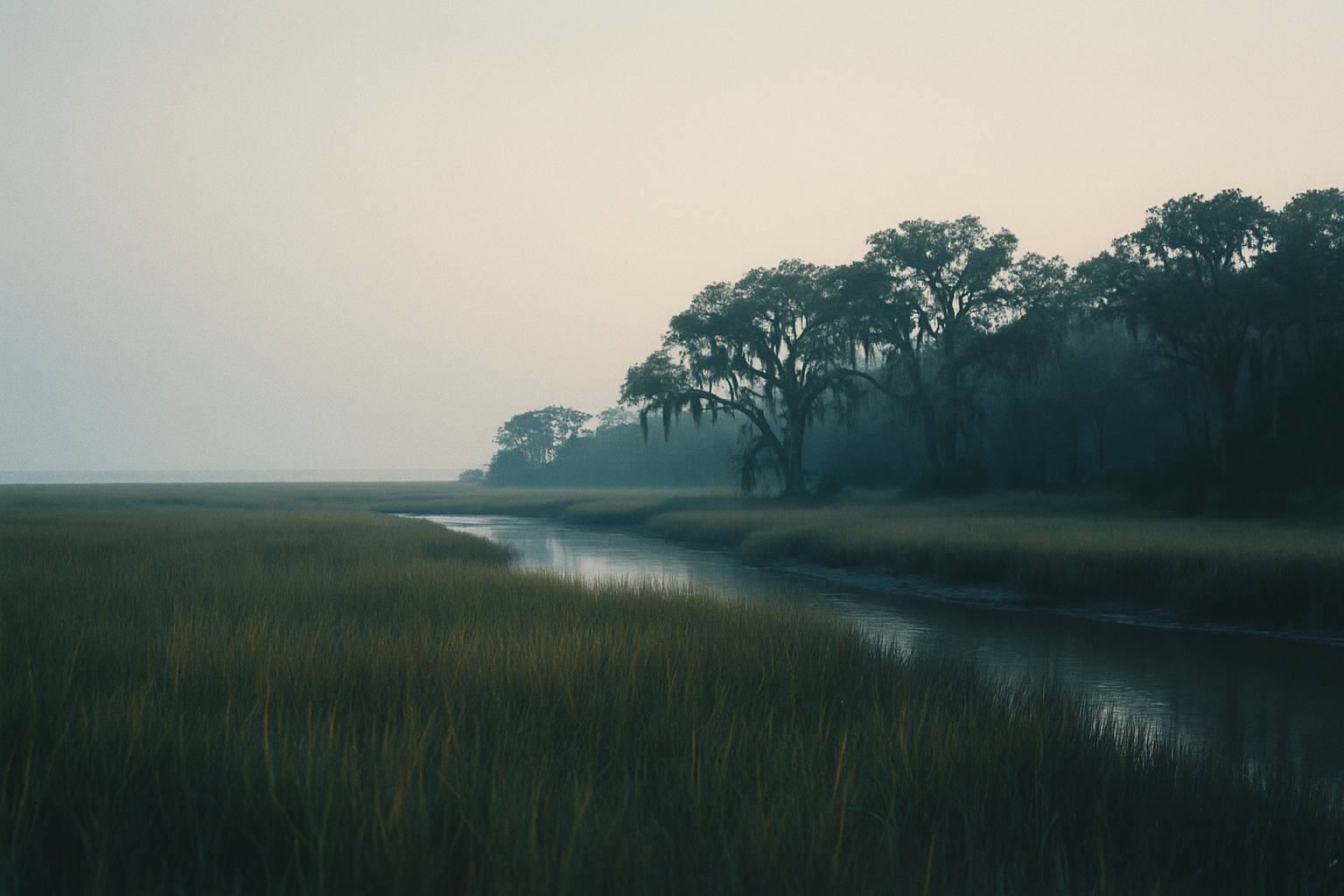 Salt marsh and live oaks at dawn in coastal North Carolina
