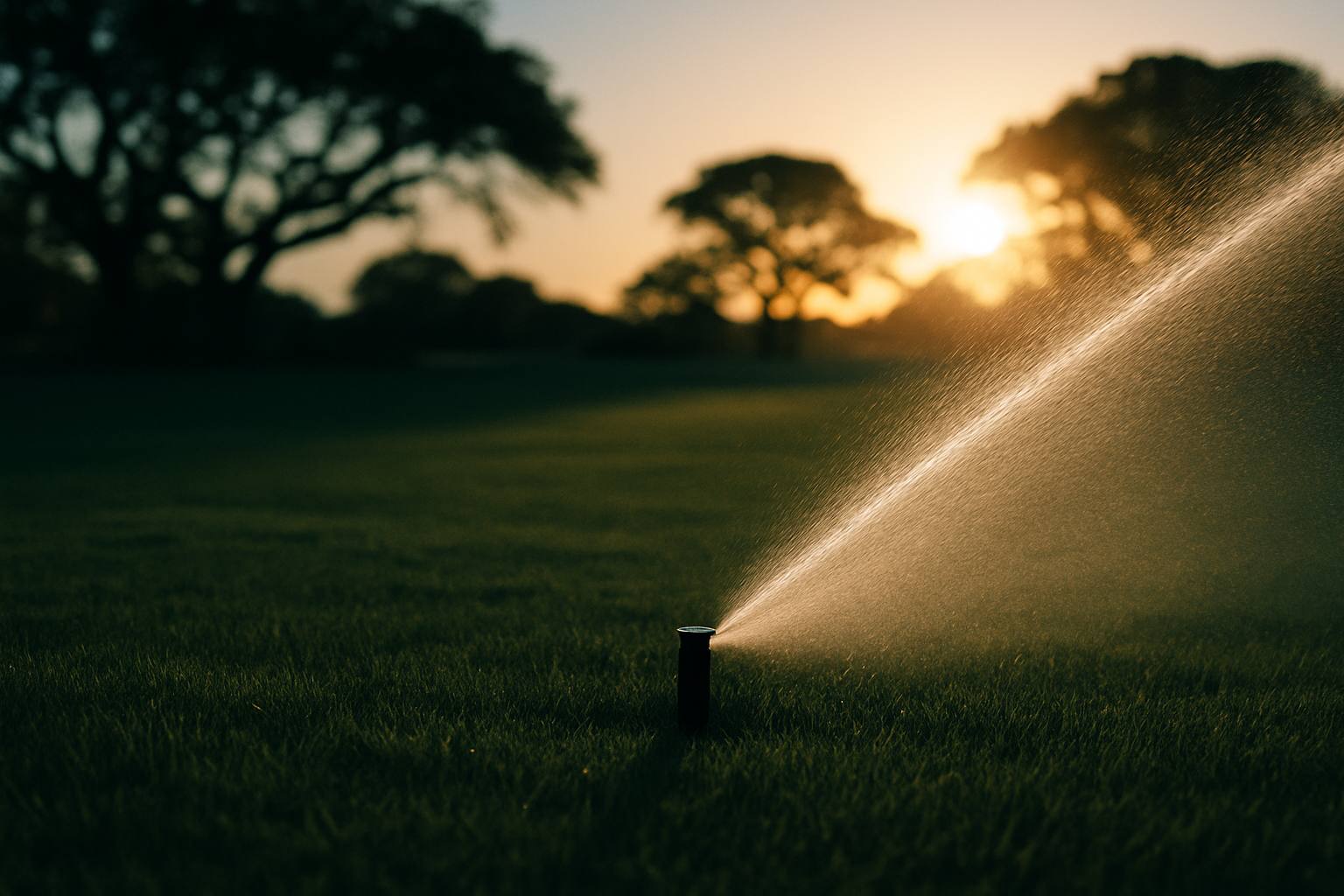 A lawn sprinkler throwing a backlit arc of water across green turf at golden hour
