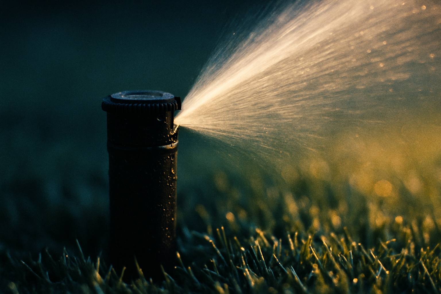 Close-up of a pop-up sprinkler head beginning to spray in morning light