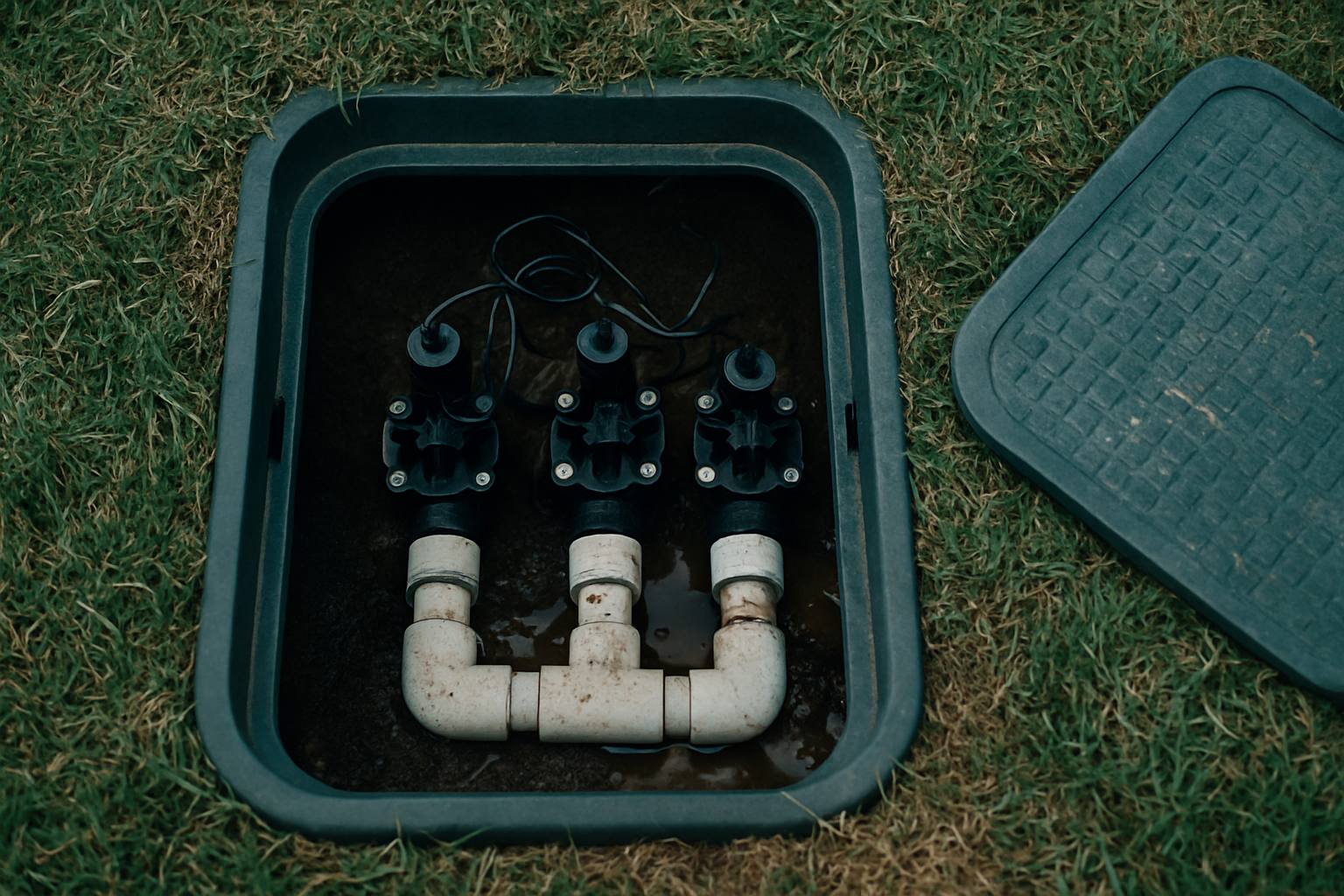 An open in-ground irrigation valve box showing the solenoid valves and manifold